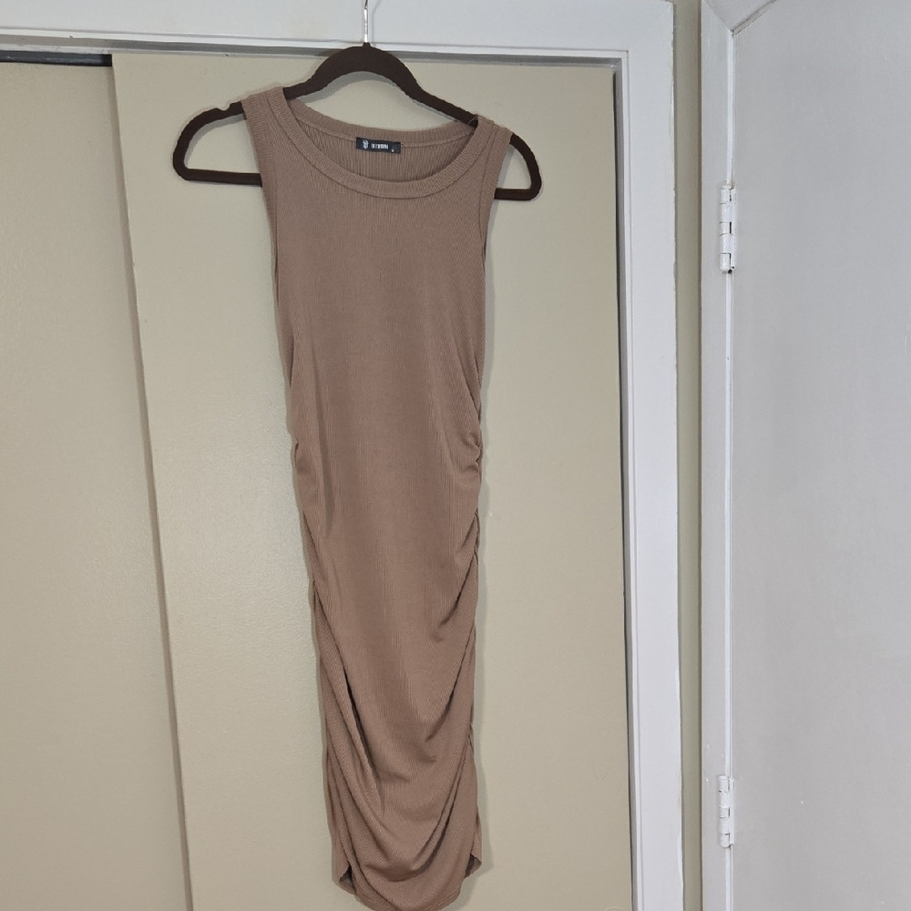 BTFBM Bodycon Tan Sleeveless Ruched Dress Size Medium